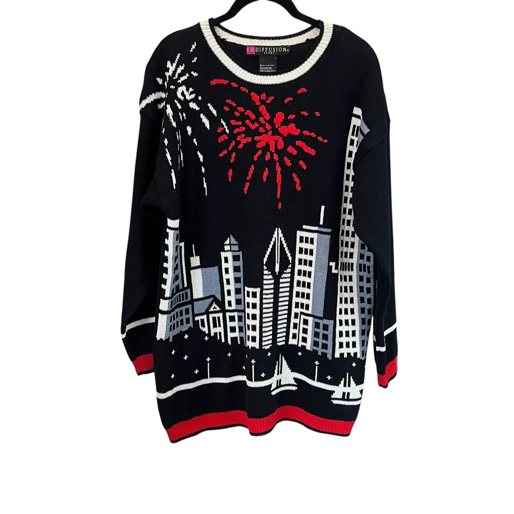 Vintage 1989 IB Diffusion Cityscape Sweater Black Red White Oversized Small